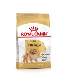 ROYAL CANIN Pomeranian Adult 1,5 kg sausā barība pieaugušiem punduršpiciem + Pomeranian Adult 12x85g mitrā barība
