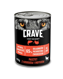 CRAVE konservi 24 x 400g - pastēte ar lasi un tītara gaļu, pilnvērtīga mitrā barība bez graudaugiem pieaugušiem suņiem