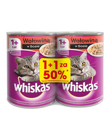 WHISKAS konservi pieaugušiem kaķiem 24x400g - mitrā kaķu barība ar liellopa gaļu mērcē (12 gab. par 50%)
