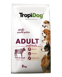 TROPIDOG Premium Adult S liellopu gaļa ar rīsiem sausā barība maziem un pieaugušiem suņiem 8 kg