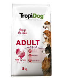 TROPIDOG Premium Adult S Turkey&Rice 8kg sausā barība maziem suņiem Tītars un rīsi