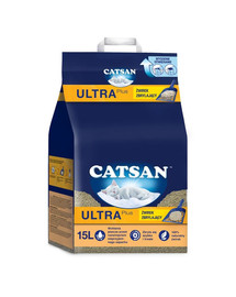 CATSAN Ultra Plus 15 L Dabīgs māla kaķa pakaišs, kas likvidē smakas un veido gabaliņus, salipšanu