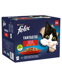 FELIX FANTASTIC  Kaimų skoniai drebučiuose(vištiena, jautiena, triušis, aviena) 24x85g drėgnas kačių maistas