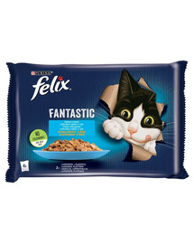 FELIX FANTASTIC 4x85g Pilnvērtīga kaķu barība ar dažādu veidu zivīm želejā, pieaugušiem kaķiem.