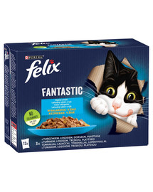 FELIX FANTASTIC Jelly ar zivju garšu (tuncis, lasis, menca, plekste) 12x85g mitrā kaķu barība