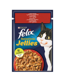 FELIX Sensations Jellies jautienos drebučiuose su pomidorais 26x85g šlapias kačių maistas