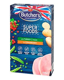 BUTCHER'S Superfoods Treats ar tītaru gaļu un dzērvenēm 6 x 320 g