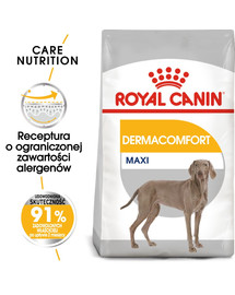 ROYAL CANIN Maxi Dermacomfort 12 kg sausā barība pieaugušiem lielo šķirņu suņiem ar jutīgu un uz kairinājumu tendētu ādu.