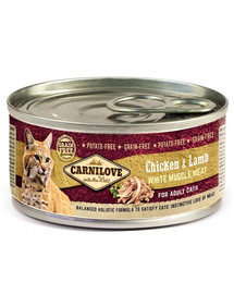 CARNILOVE Mitrā kaķu barība 24 x 100 g vistas un jēra gaļas konservi