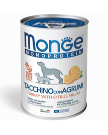 MONGE Augļu monoproteīns suņiem, tītars ar rīsiem un apelsīnu 400g