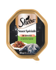 SHEBA Sauce Speciale 85g  su triušiu, antis ir daržovėmis - šlapias maistas katėms padaže