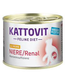 KATTOVIT Feline Diet Niere/Renal ar vistas gaļu 185 g Pilnvērtīgs uzturs pieaugušiem kaķiem. Atbalsta nieru darbību hroniskas nieru mazspējas gadījumā.