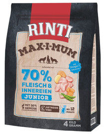 RINTI MAX-I-MUM Junior ar vistas gaļu kucēniem 4 kg, bez graudaugiem