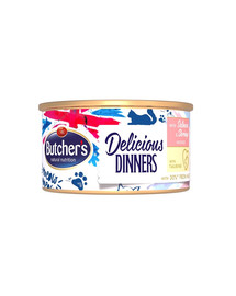 BUTCHER'S Classic Delicious Dinners konservēts uzpūtņis ar lasi un garnelēm 85 g