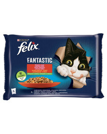 FELIX FANTASTIC Lauku garšas želejā (vistas gaļa ar tomātiem, liellopu gaļa ar burkāniem) 4x85g mitrā kaķu barība