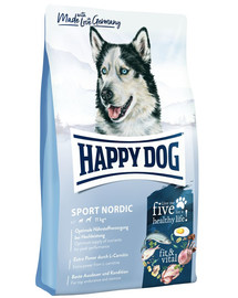 HAPPY DOG Supreme Fit & Vital Sport Adult Nordic 28 kg (2 x 14 kg) pieaugušiem, ar augstu enerģijas patēriņu, piemērots sportiskiem, dienesta suņiem.