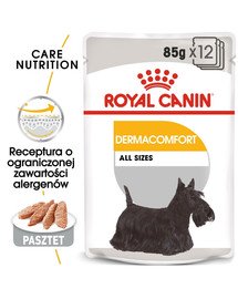 ROYAL CANIN Dermacomfort mitrā barība - pastēte pieaugušiem suņiem ar jutīgu un uz kairinājumu tendētu ādu 48 x 85 g