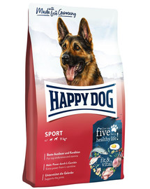 HAPPY DOG Supreme Fit & Vital Sport Adult 28 kg (2 x 14 kg) pieaugušiem suņiem, ķermeņa masa ir 11 kg un vairāk, ar lielākām enerģijas vajadzībām.