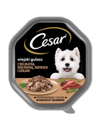 CESAR 14x150g pilnvērtīga, mitra barība pieaugušiem suņiem mērcē ar maigu tītara liellopu gaļu un garšaugiem