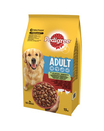 PEDIGREE Adult 15kg (vidējas šķirnes) - sausā barība ar liellopu un mājputnu gaļu + GRATIS suņu grāmatiņa