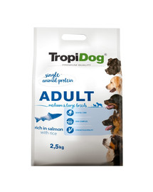 TROPIDOG Premium Adult M&L Salmon&Rice 2,5kg sausas maistas vidutinių ir didelių veislių šunims. Lašiša ir ryžiai