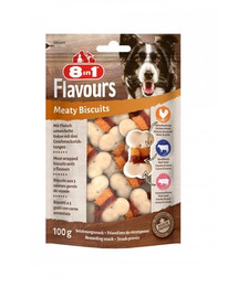 8IN1 Flavours Meaty Biscuits 100 g garšīgs kārums suņiem, cepumi, kas ietīti vistas krūtiņā un liellopa gaļā ar cūkgaļas piedevu