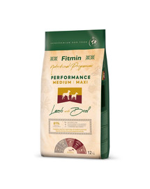 FITMIN Dog Nutritional Programme Medium Maxi Performance Lamb&Beef 12 kg pieaugušiem vidēju un lielu šķirņu suņiem ar ļoti augstu aktivitātes līmeni.