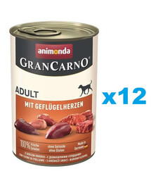 ANIMONDA Gran Carno Adult with Poultry hearts 12x400 g ar mājputnu sirdīm pieaugušiem suņiem