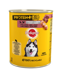 PEDIGREE Adult Protein+ konservēta pastēte 12x800 g pilnvērtīga mitrā barība pieaugušiem suņiem ar medījumu un mājputnu gaļu