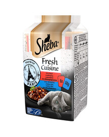 SHEBA Fresh Cuisine Taste of Paris pilnpiena barība pieaugušiem kaķiem ar liellopu gaļu, baltām zivīm paciņās 12x(6x50g)