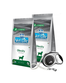 FARMINA Vet Life Obesity Dog 2 x 12 kg Pārmērīga svara suņu barība + FLEXI New Comfort L lenta 8m BEZMAKSAS