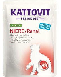 KATTOVIT Feline Diet Niere / Renal ar tītaru 85g Pilnvērtīgs uzturs pieaugušiem kaķiem. Atbalsta nieru darbību hroniskas nieru mazspējas gadījumā.