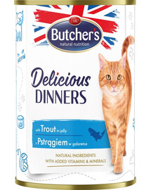 BUTCHER'S Delicious Dinners, barība kaķiem, gabaliņi ar foreli želejā, 400g