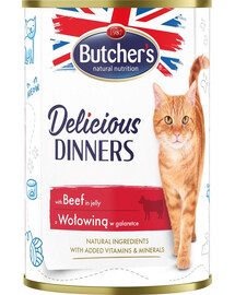 BUTCHER'S Delicious Dinners, kaķu barība, liellopa gaļas gabaliņi želejā, 400 gab.