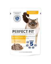 PERFECT FIT Sensitive 1+ 85 g vistas gaļas mērces paciņas pieaugušiem kaķiem