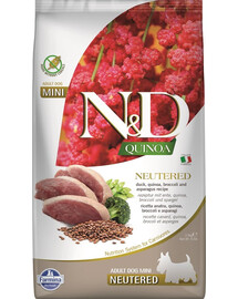 FARMINA N&D Quinoa Dog Neutere Adult Mini duck, broccoli & asparagus 2,5 kg, barība ar pīli, brokoļiem un sparģeļiem kastrētiem suņiem