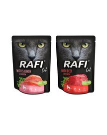 DOLINA NOTECI Rafi Cat mitrā barība ar lašiem10x300g + ar liellopu gaļu kaķiem 10x300g