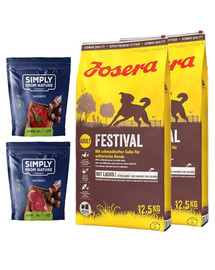 JOSERA Festival pieaugušiem suņiem 25kg (2x12,5kg) + SIMPLY FROM NATURE Dabiskās desas ar zirga un brieža gaļu 2x200 g