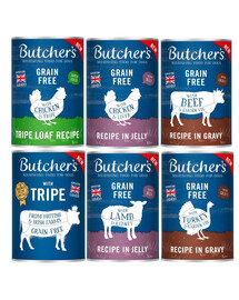 BUTCHER'S Original Mix 400 g garšu mix mērcē (liellopu gaļa, tītara gaļa) želejā (vistas gaļa, jēra gaļa) pastētē (rumen, vistas gaļa un rumen)