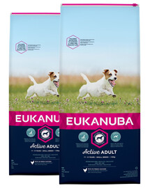 EUKANUBA Aktīva pieaugušo mazo šķirņu suņu barība, bagātināta ar svaigu vistas gaļu 30kg (2 x 15kg)
