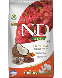 N&D Dog Quinoa Skin & Coat Herring 2,5kg Siļķe, kvinoja, kokosrieksts un kurkuma - ādas un apmatojuma veselībai un uzturēšanai.