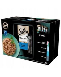 SHEBA Selection Fish Flavours in sauce 12x85g mitrā barība ar lasi un melno mencu, baltās zivis, okeāna zivis, menca kaķiem