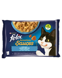 FELIX Sensations Sauce Zivju garšas mērcē (melnā menca ar tomātiem, sardīne ar burkāniem) 4x85g mitrā barība