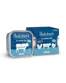 BUTCHER'S Original Junior Mixed flavours vistas, liellopa un tītara gaļas pastēte kucēniem 8x150 g