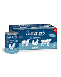 BUTCHER'S Original Junior Recipe želejā Garšu maisījums 24x400 g želejas gabaliņi ar jēra, vistas un liellopa gaļu kucēniem