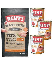 RINTI MAX-I-MUM Chicken ar vistas gaļu 12 kg + Kennerfleisch Chicken mitrā barība 3x400 g