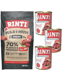 RINTI MAX-I-MUM Beef ar liellopu gaļu 12 kg + Kennerfleisch Beef beef liellopa liellopu gaļas barība 3x400 g