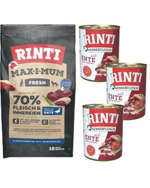 RINTI MAX-I-MUM Duck ar pīli 12 kg + Kennerfleisch Duck mitrā barība 3x400 g
