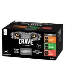 "CRAVE tin 6x400 g - pastēte ar vistas un tītara gaļu, ar jēra un liellopa gaļu, ar laša gaļu un ar tītaru (pilnvērtīga mitrā barība pieaugušiem suņiem bez graudiem). "