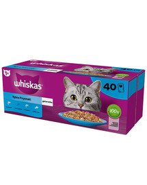 WHISKAS Adult Maisiņi 40 x 85 g Zivju garšas želejā Lasis, tuncis, menca, baltās zivis
